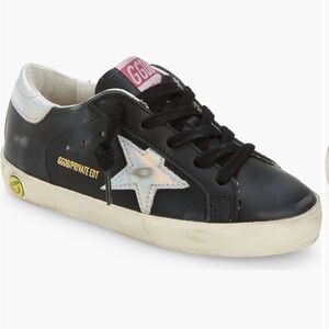 Golden Goose Kids Black Leather Sneaker with Iridescent Star and Heel